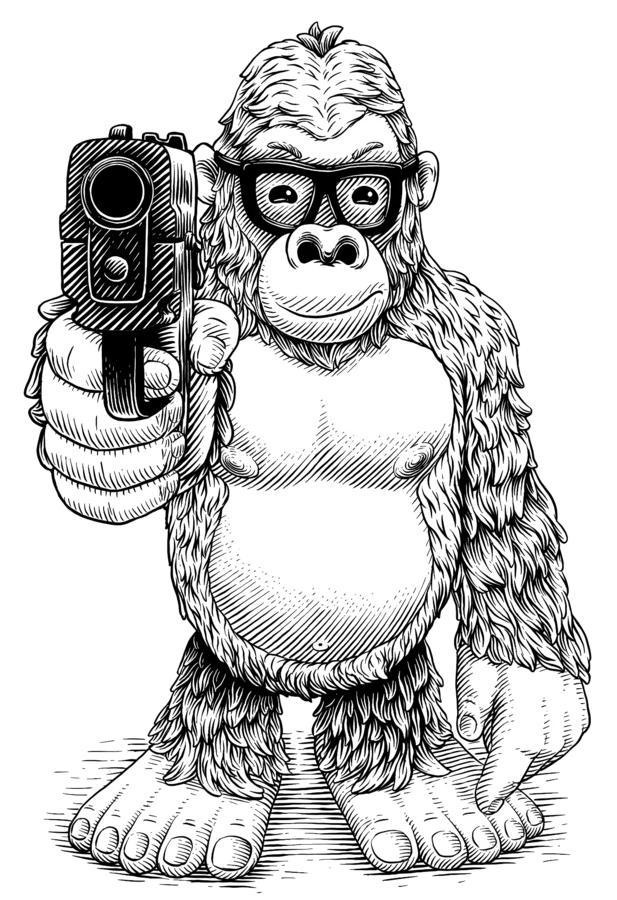 Gorilla agent in glasses aiming a pistol at the viewer