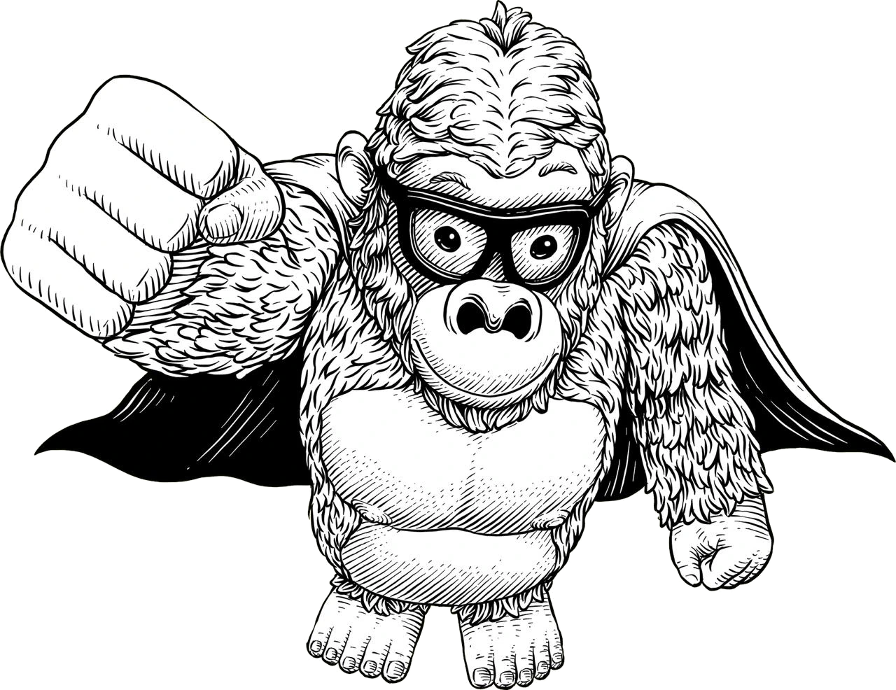 Gorilla agent in a superhero cape flying forward