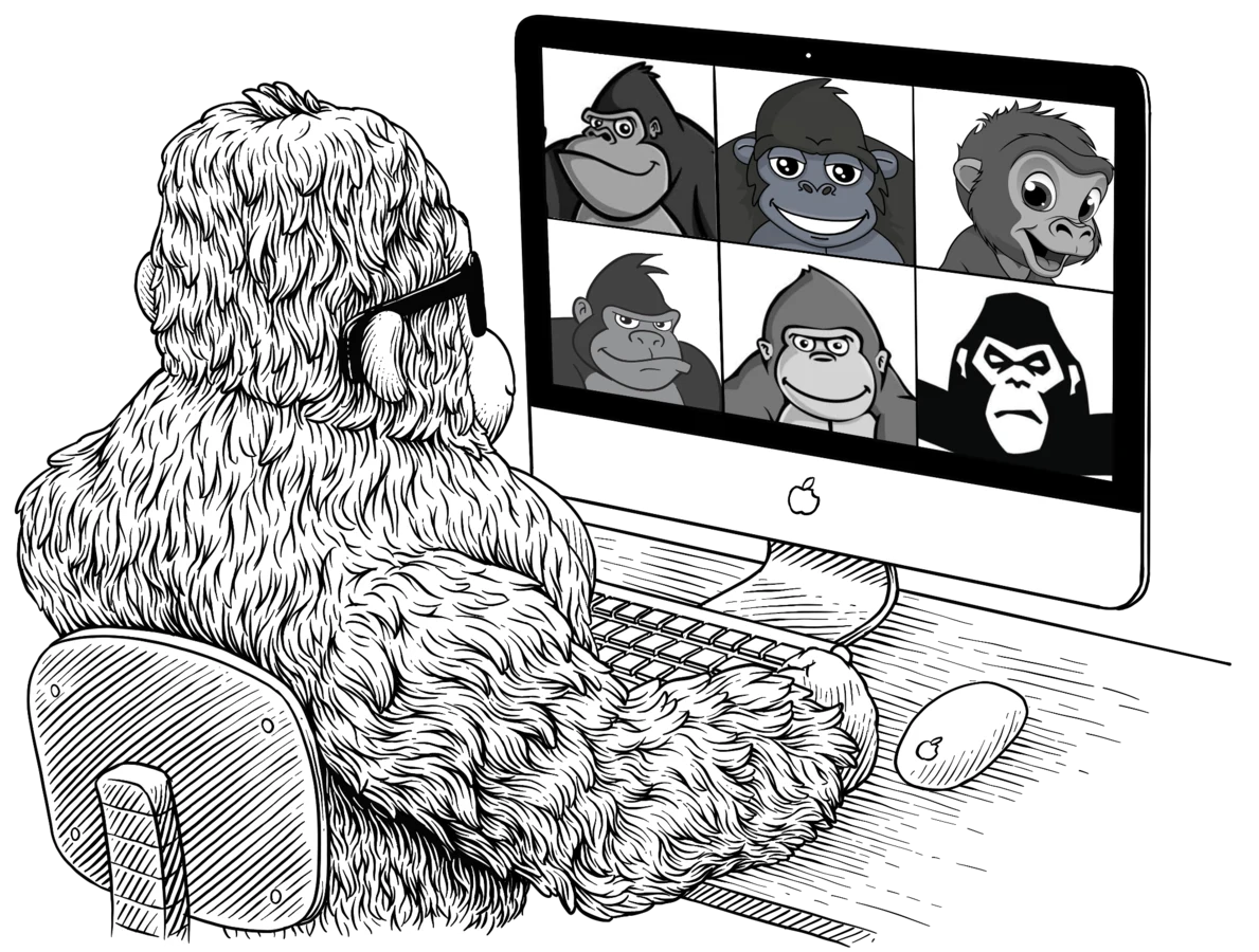 Gorilla agent working at a bank of computer monitors