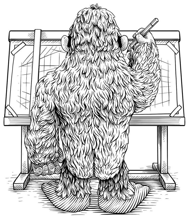 Gorilla agent drafting plans at a drawing board