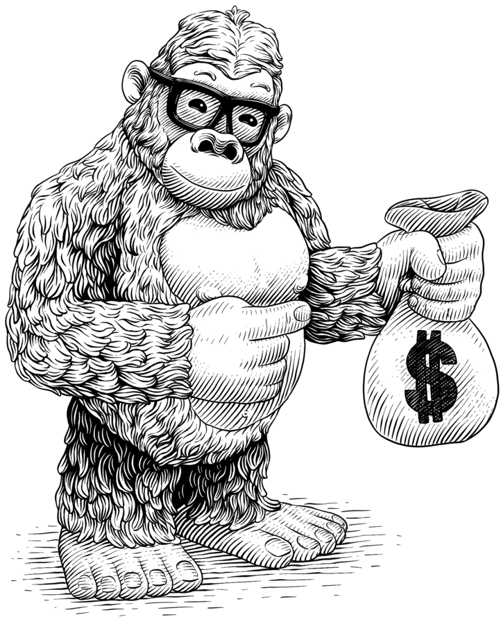 Gorilla agent holding a bag of money