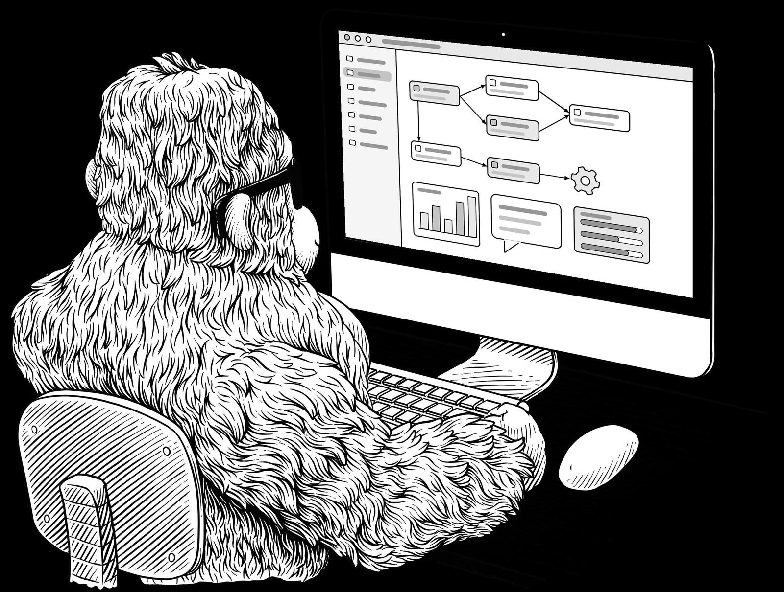 Gorilla working at a computer building AI agent workflows